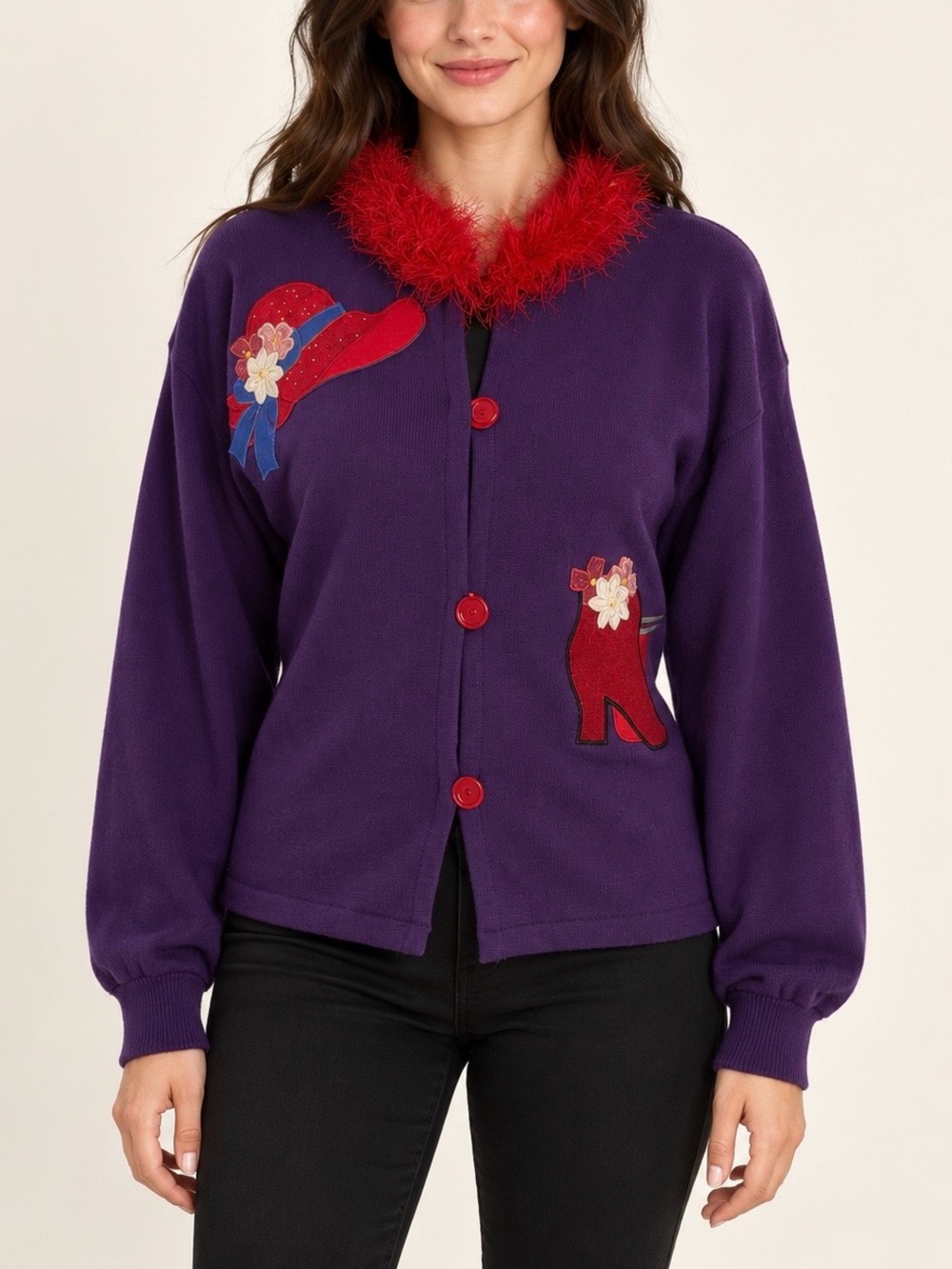 Purple Red Hat Cardigan with Fuzzy Collar & Hat and Boot Appliqués